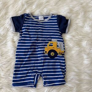 Baby Boy Blue‎ Striped Romper with Yellow Truck Design 12-18M